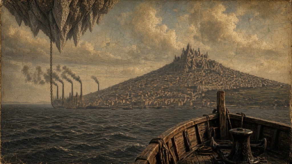 From a ship deck toward Ironport harbor, with the skyland of Unus held by the Great Chain.